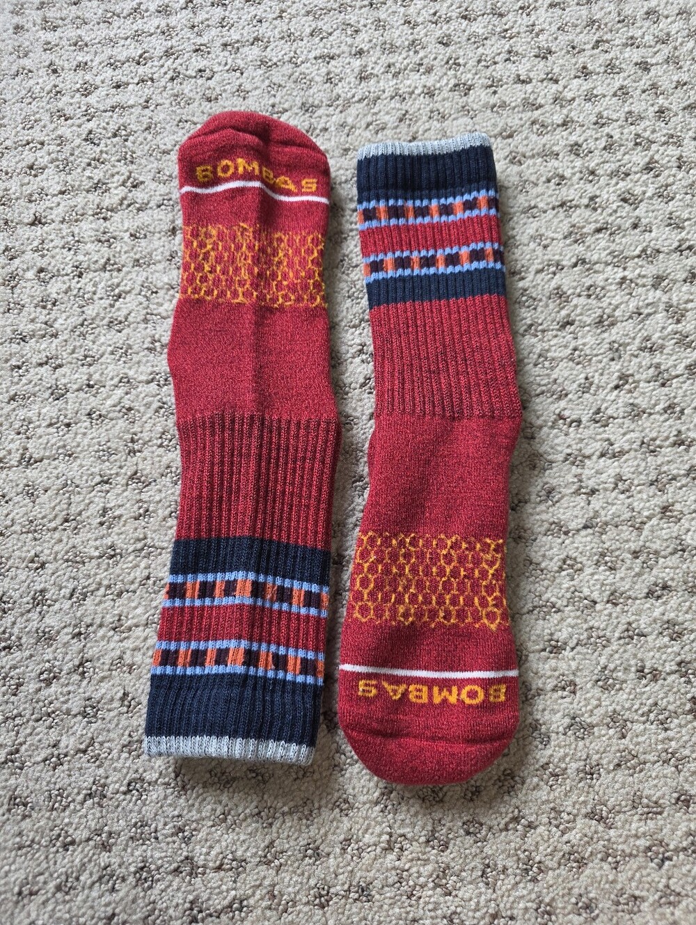 Bombas Red Wool Athletic Crew Washed Socks with Navy & Orange Stripes